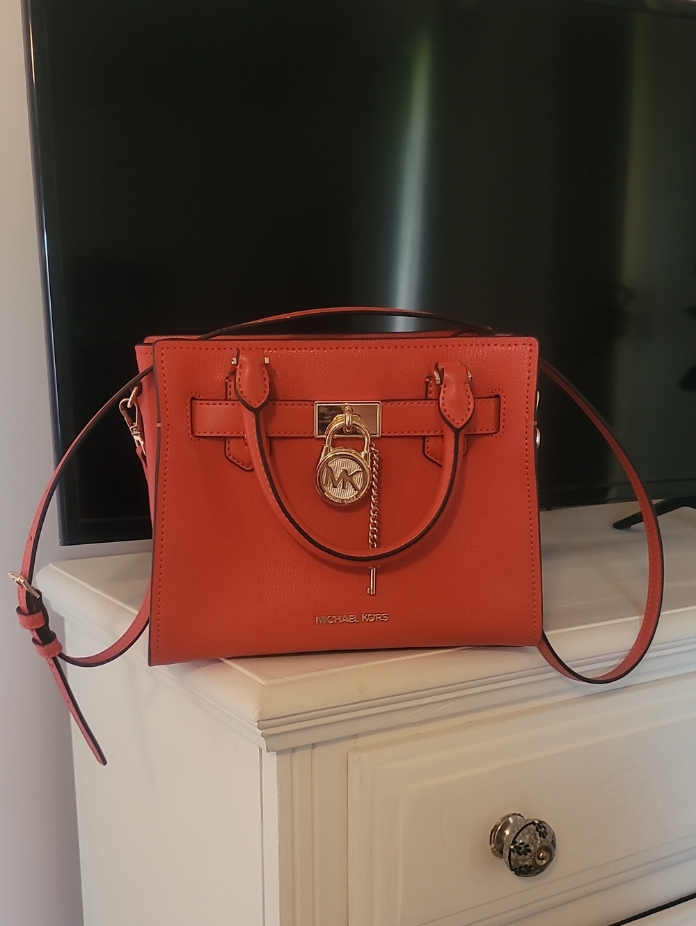 Michael Kors Coral-Orange Leather Satchel with Gold MK Charm